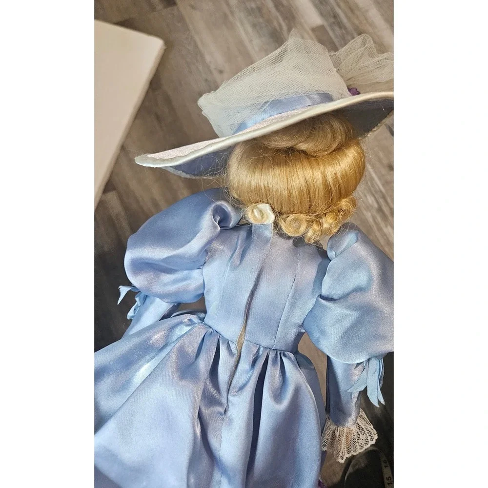 Vintage Porcelain Doll 19 Inch Blue Satin Lace‎ Dress Blonde Hair Blue Eyes Hat